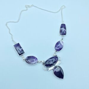 Banded Amethyst Silver Necklace Boho